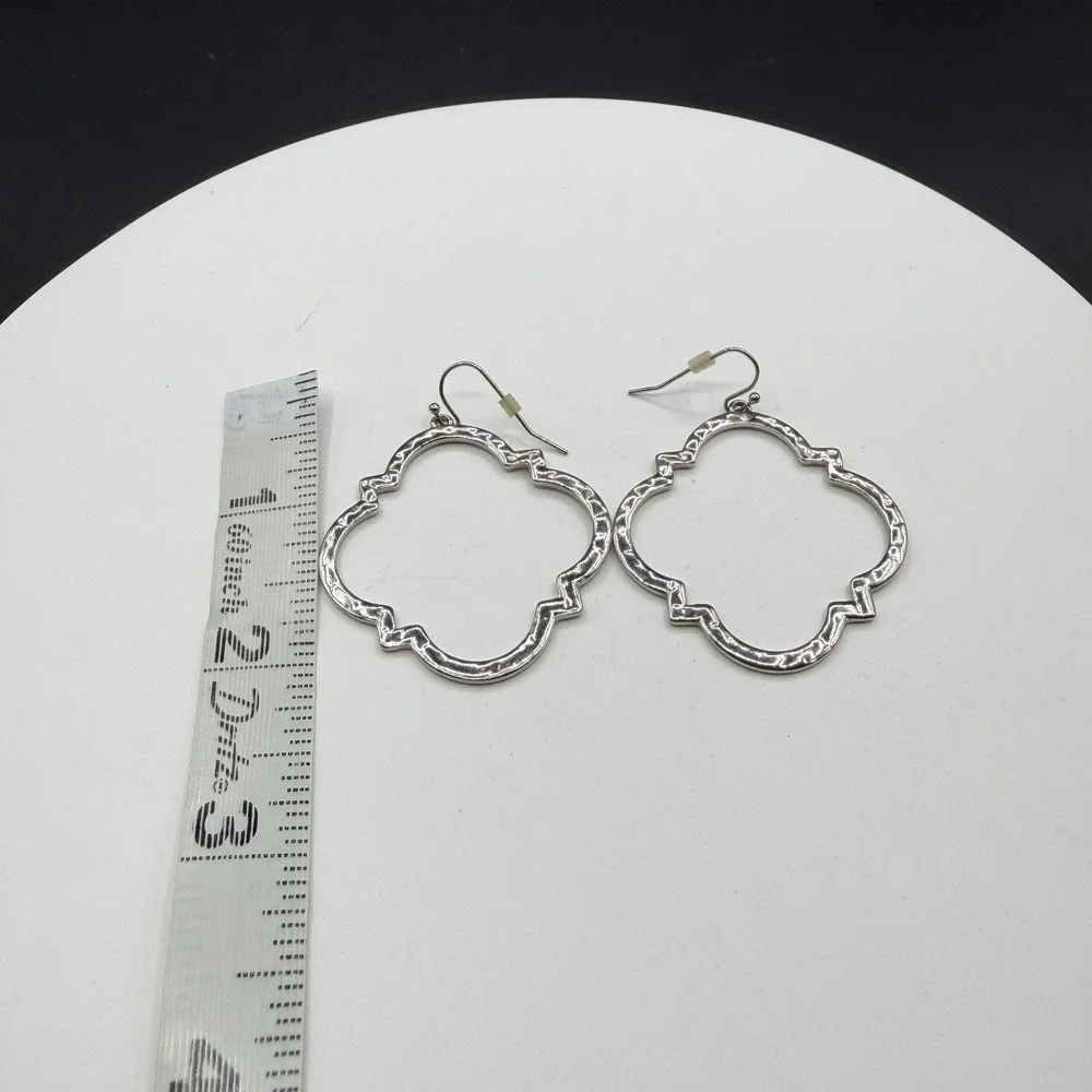 Silver Tone Hammered Quatrefoil Dangle Earrings Large Boho Statement Jewelry